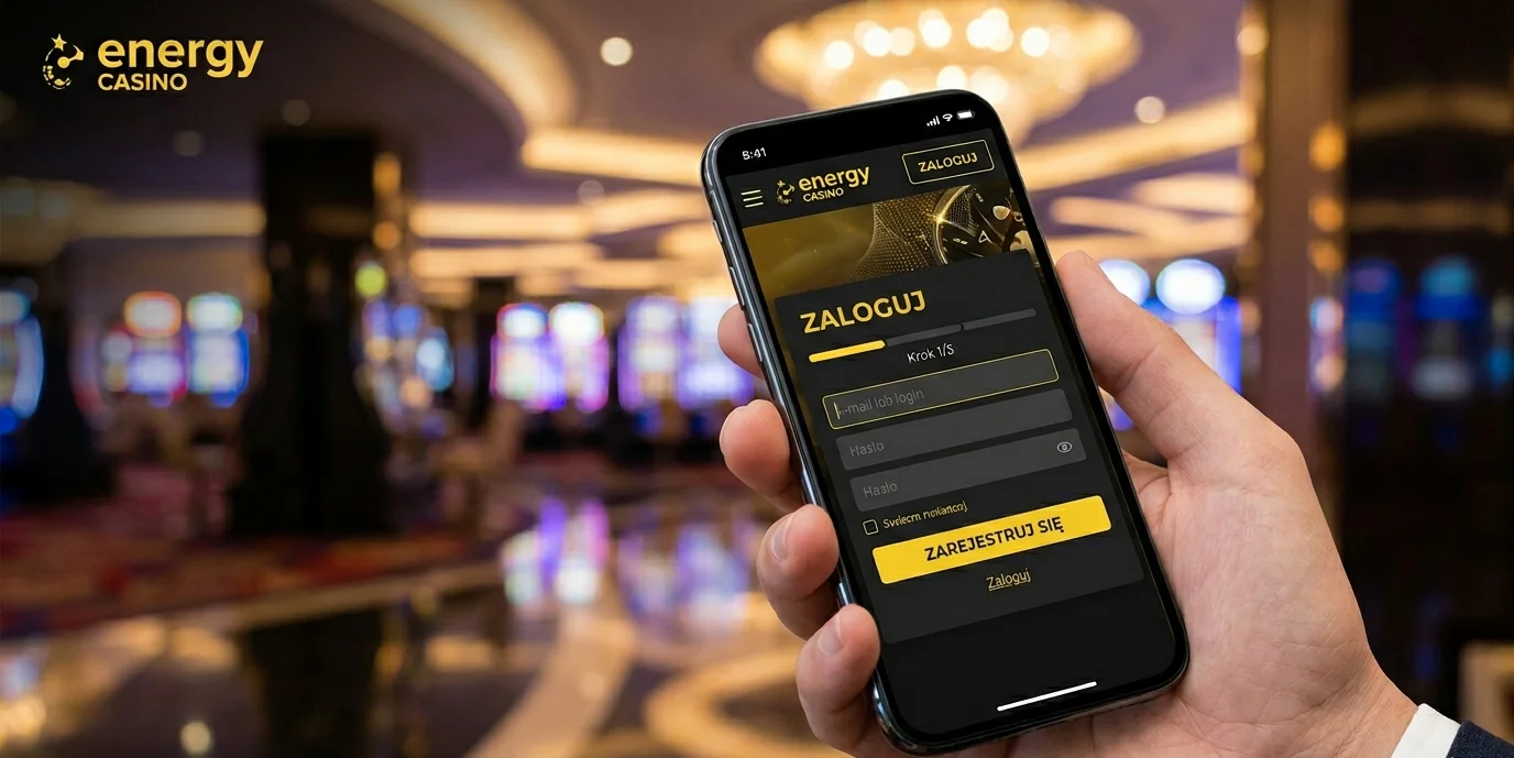 Formularz Energy casino logowanie na ekranie telefonu — pola e-mail i hasło oraz żółty przycisk Zaloguj się
