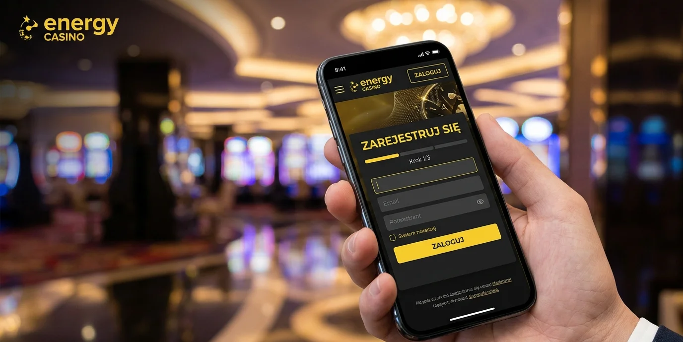 Formularz Energy casino rejestracja na ekranie smartfona — pola adres e-mail, hasło i waluta konta